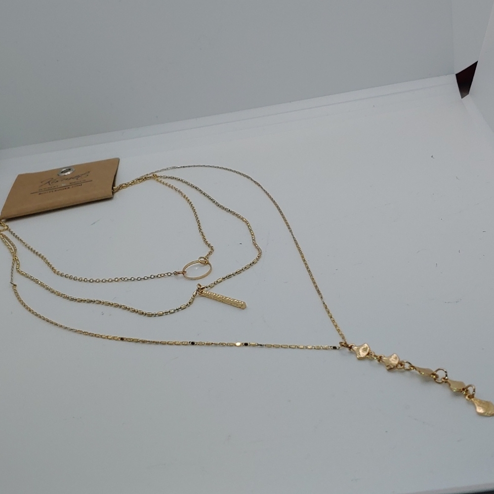 Kismet Gold Plated 3 Layered Lariat Dangle Necklace with Bar and Ring Pendants